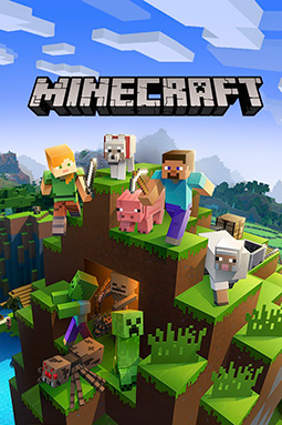 The default player skin, Steve, running across a grassy plain while carrying a diamond pickaxe. Alongside him is a tamed wolf. In the background, there is a pig, a chicken, a cow, a burning skeleton, a zombie, and a creeper. Mountains and cliffs fill the background, and the sky is blue, filled with clouds. Hovering over the scene is the Minecraft logo.