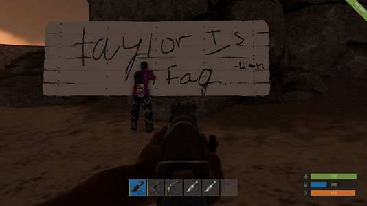 A pubbie expresses his anger towards Taylor on Rusty Bottoms in Rust.